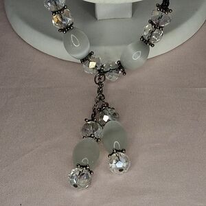 White Opalite Iridescent Faceted Crystal Beaded Drop Pendant Corded Necklace